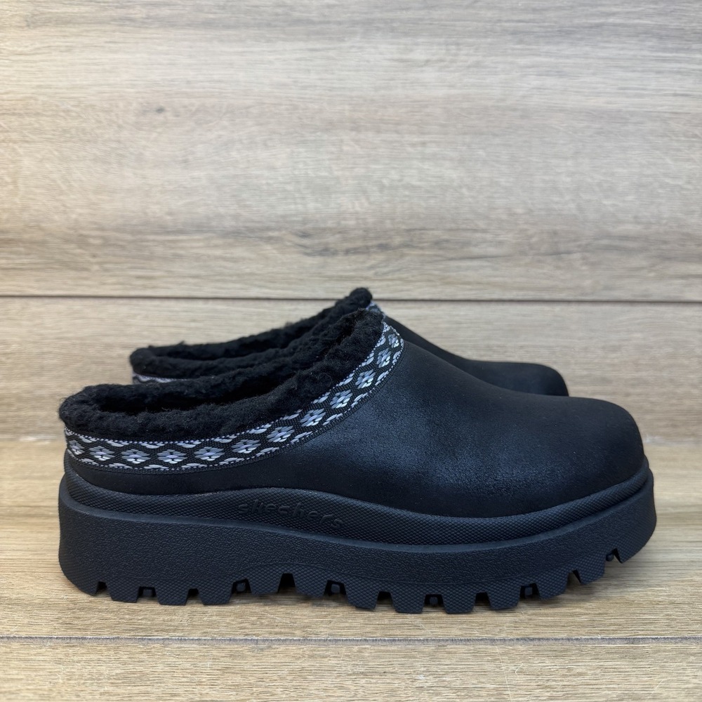 Skechers Comfy Hour Shindigs Clogs Mules Faux Sherpa Lining Black Womens Size 7